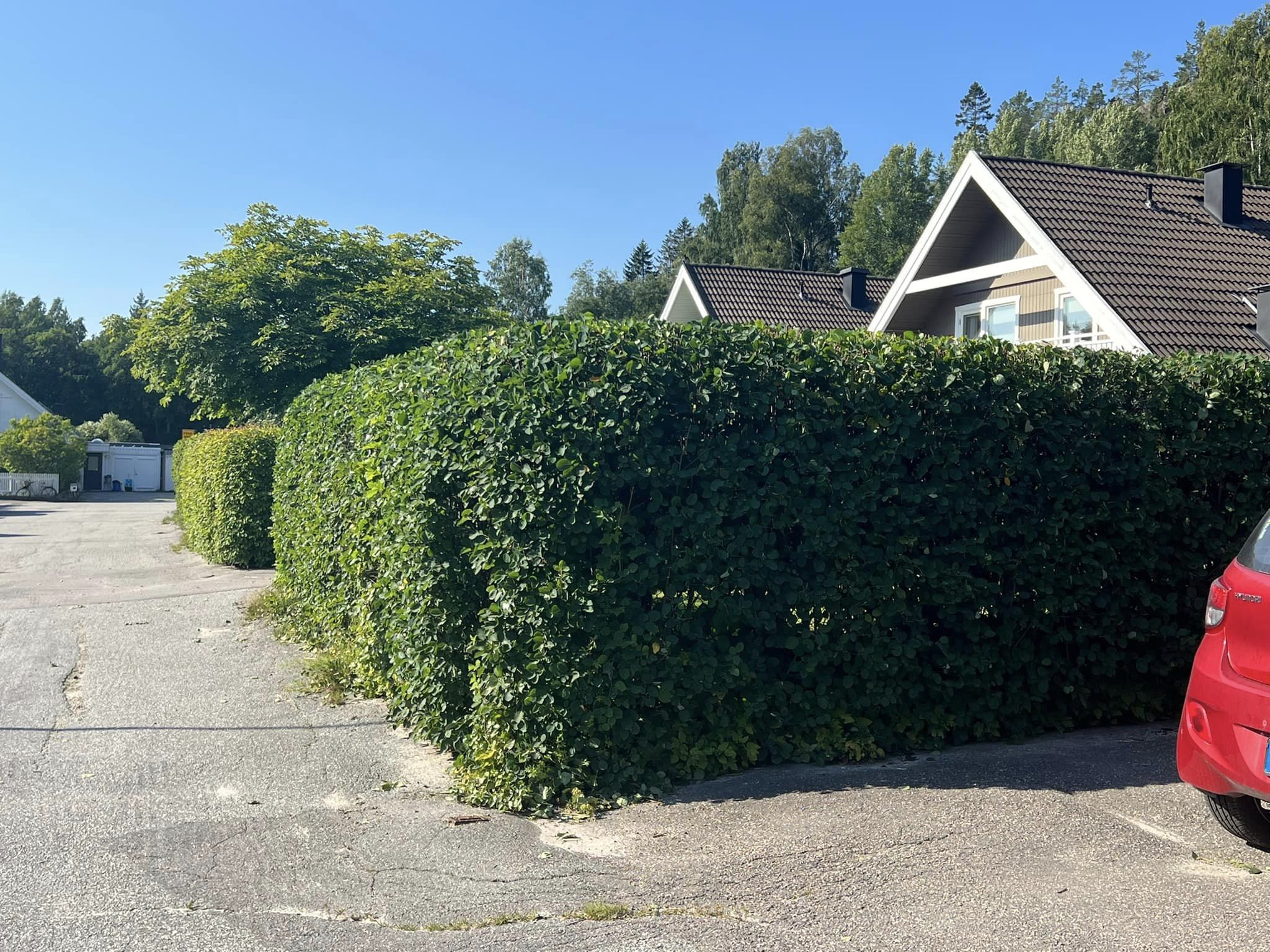 Klipper gräset med en åkgräsklippare åt en bostadsrättsförening